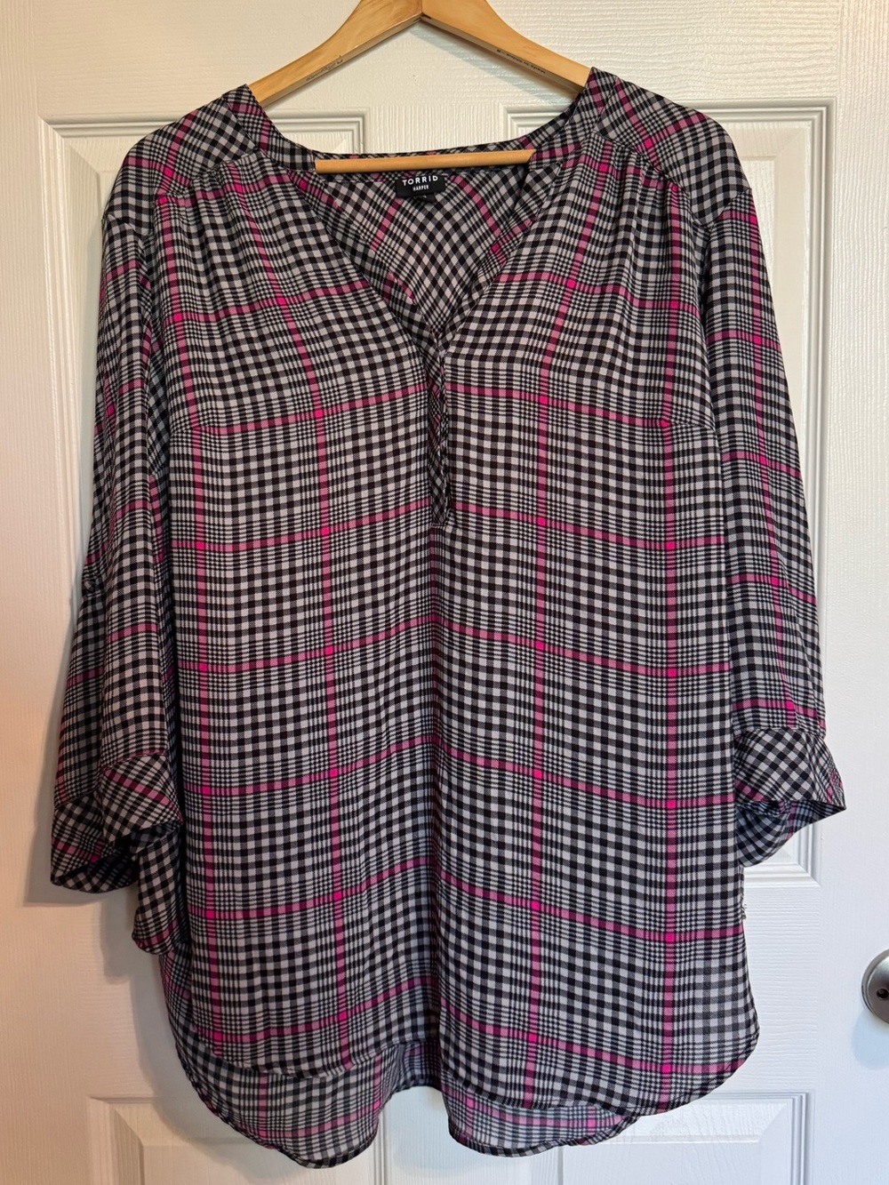 Torrid Harper Pink & Black Plaid V-Neck Blouse